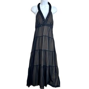 BCBG Paris Vtg Tiered Silk Beaded Backless Babydoll Maxi Dress Sheer Black 8